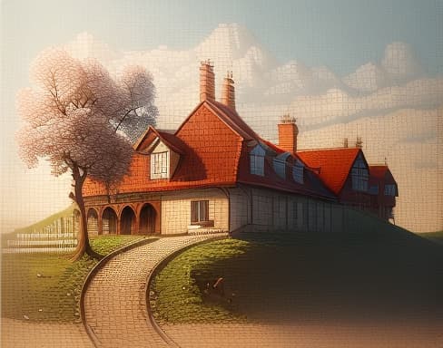  (best quality), ((masterpiece)), (highres), illustration, original, extremely detailed, no humans, outdoors, cow, tree, scenery, grass, windmill, house, sky, fence, building, sky, mountain
