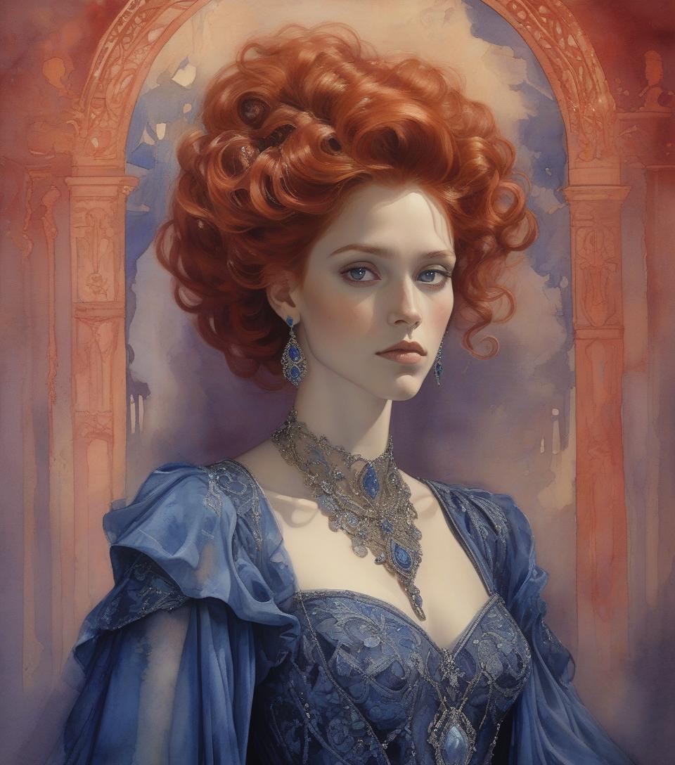  a portrait of a woman with voluminous red hair, fair skin, in a detailed blue gown with ornate jewelry, exuding a regal aura. ((watercolor oil painting, red lighting shadows, gail potocki, sergio toppi, leonor fini, sidney sime)) a beautiful young woman with hair the color of spun copper, adorned in a rich blue dress with violet hues, its fabric detailed with intricate silver embroidery that hints at a past life of opulence, now tarnished by loss. she is surrounded by forgotten treasures, the moonlight illuminating her lost dreams. a night black raven near her shoulder, maybe, she could mend the broken pieces of her own heart, one stitch at a time.