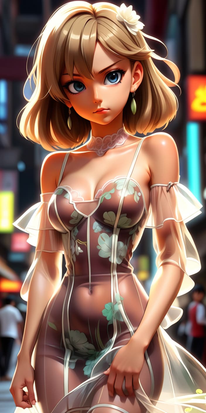  anime artwork beautiful girl in full height, in a transparent dress, in a public place . anime style, key visual, vibrant, studio anime, highly detailed