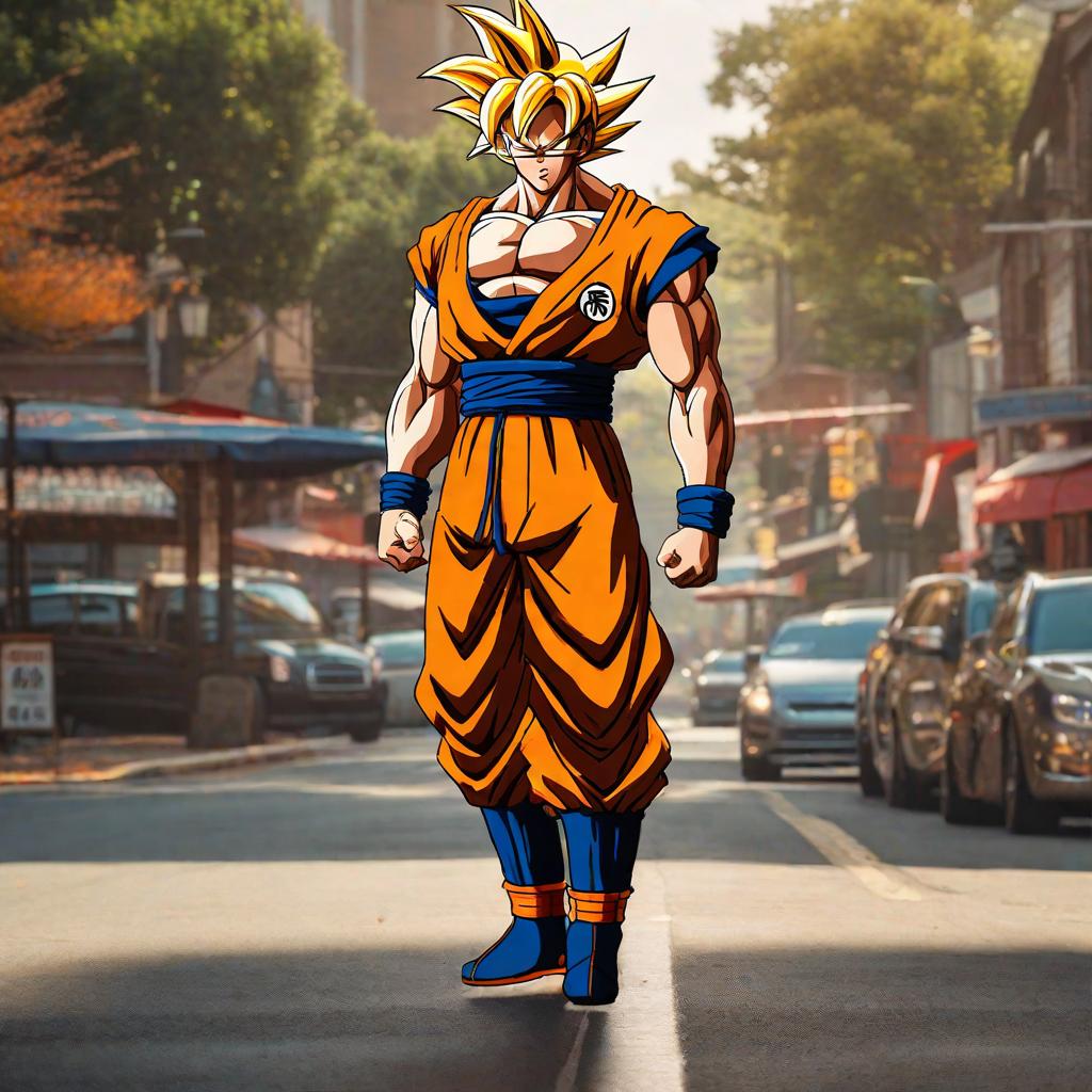  goku ssj hyperrealistic, full body, detailed clothing, highly detailed, cinematic lighting, stunningly beautiful, intricate, sharp focus, f/1. 8, 85mm, (centered image composition), (professionally color graded), ((bright soft diffused light)), volumetric fog, trending on instagram, trending on tumblr, HDR 4K, 8K