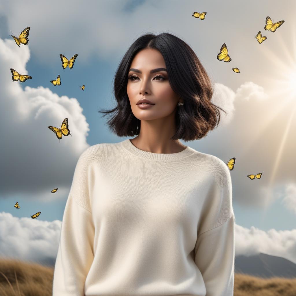  A modern Peruvian lady in heaven amongst clouds, wearing an off-white soft cashmere-like sweater and with a short bob haircut. Her hair is black with a white strip of hair in the front near the forehead centered. A lot of small, soft yellow butterflies with no black are flying past her. The scene should be dreamy and angelic. hyperrealistic, full body, detailed clothing, highly detailed, cinematic lighting, stunningly beautiful, intricate, sharp focus, f/1. 8, 85mm, (centered image composition), (professionally color graded), ((bright soft diffused light)), volumetric fog, trending on instagram, trending on tumblr, HDR 4K, 8K