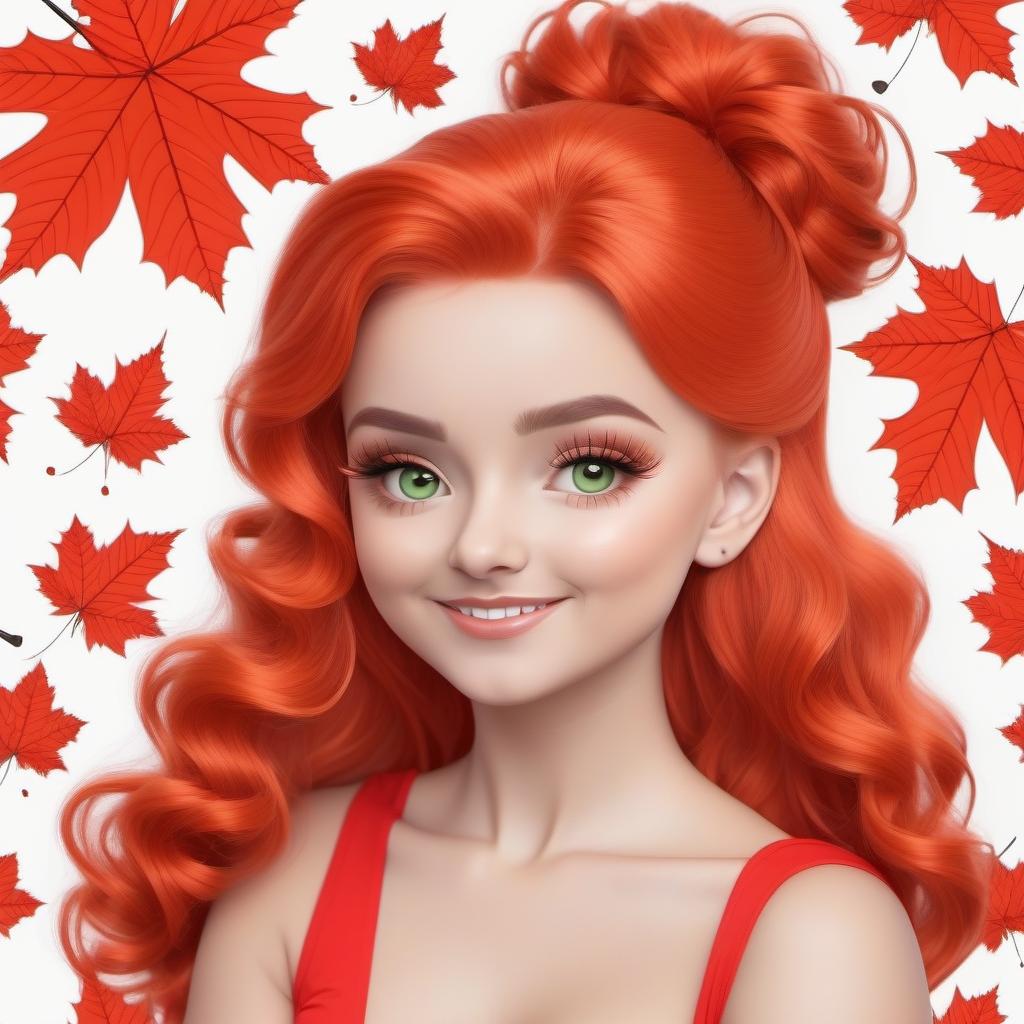  A cute cartoon girl with huge green eyes, red curls gathered in a careless bun, a perky smile holding a maple leaf in her hands, drawing details, in the style of a cartoon