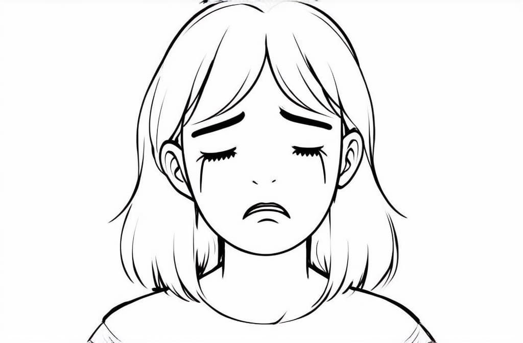  contour, very simple image in one unbroken black ink line, single line of young sad girl crying. emotional breakdown, closed eyes and closed mouth using a single continuous black line ink brushon white background, drawing should be created without lifting the pen, recognizable features of young sad girl crying. emotional breakdown, closed eyes and closed mouth in one unbroken line