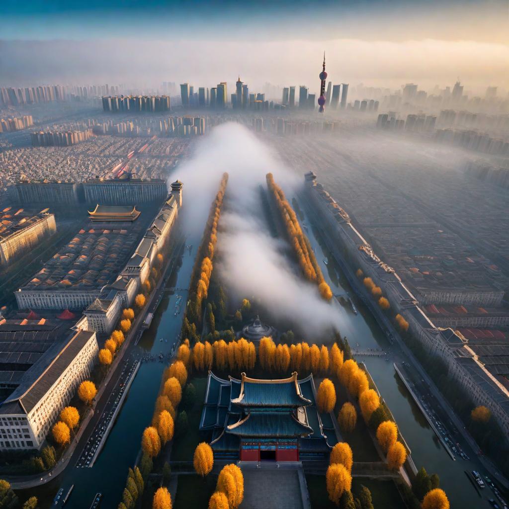  aerial view of beijing hyperrealistic, full body, detailed clothing, highly detailed, cinematic lighting, stunningly beautiful, intricate, sharp focus, f/1. 8, 85mm, (centered image composition), (professionally color graded), ((bright soft diffused light)), volumetric fog, trending on instagram, trending on tumblr, HDR 4K, 8K