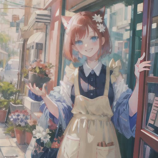  master piece , best quality,red hair short hair cat ears blue eyes girl cat's paw red and white apron smiling face flower garden