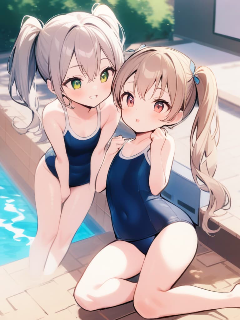  junior girls, twin tails, cute smiles, school swimwear, girls with chin, male (bulging), whole body, poolside,