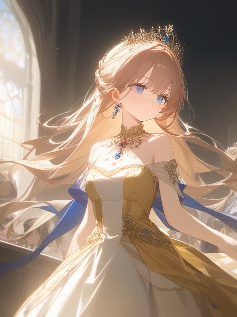  cute girls, jewels, beautiful, long hair, no bangs, beautiful dresses, beautiful dresses, royal, princess, british royal family, dignity, red, dark blue and golden dresses, crowns, light blue eyes, masterpiece, best quality,8k,ultra detailed,high resolution,an extremely delicate and beautiful,hyper detail