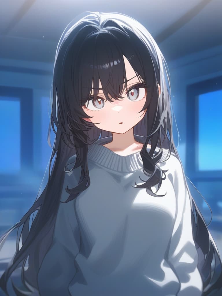  long hair,anime style,student girl,black color hair,white color eyes,straight face,cool,cute,cool beauty,girl,sweater cardigan