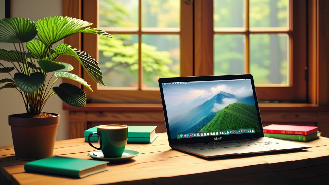  a cozy home office setup featuring a laptop with an online tutoring session, colorful notebooks, a coffee mug, and a plant, illuminated by soft natural light streaming through a window. hyperrealistic, full body, detailed clothing, highly detailed, cinematic lighting, stunningly beautiful, intricate, sharp focus, f/1. 8, 85mm, (centered image composition), (professionally color graded), ((bright soft diffused light)), volumetric fog, trending on instagram, trending on tumblr, HDR 4K, 8K