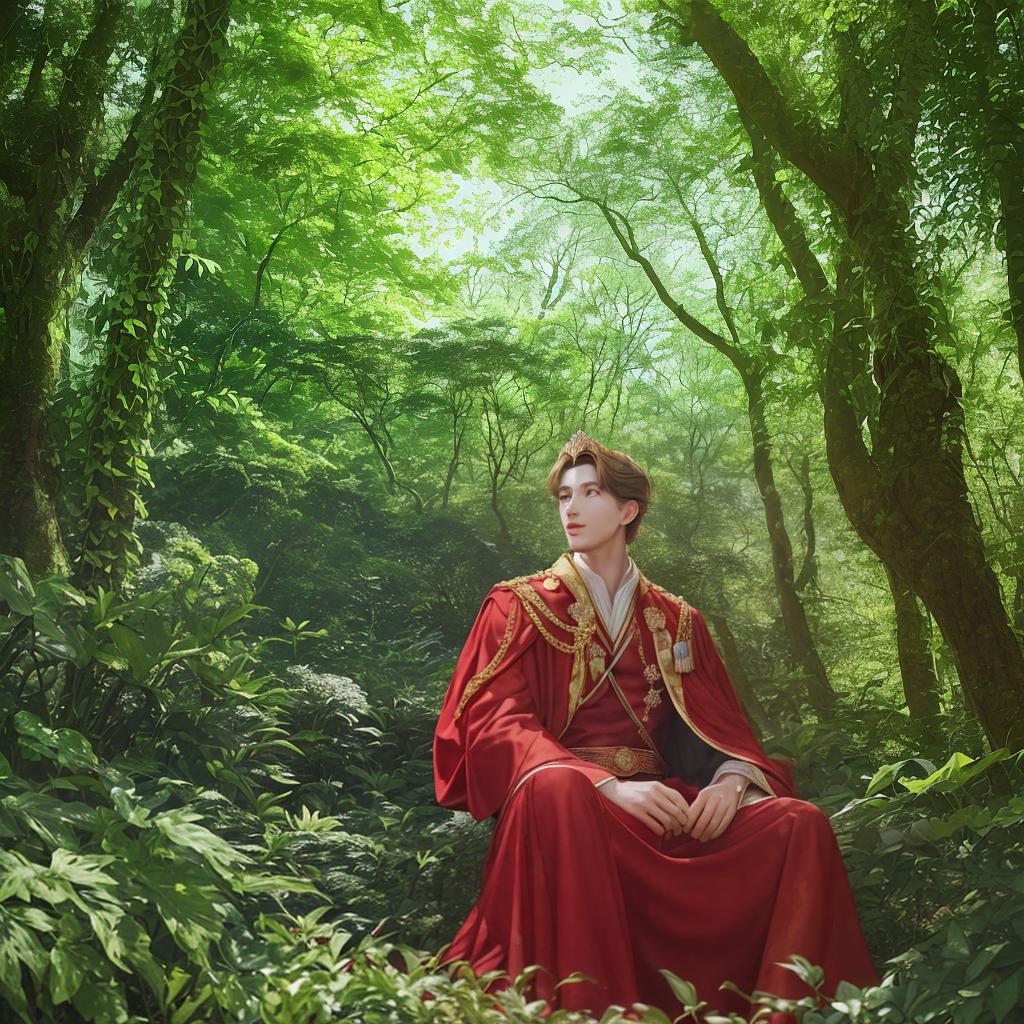  masterpiece, best quality, In a lush, verdant forest clearing, a young handsome king in opulent red royal robes and a sparkling diamond crown, gazes thoughtfully into the distance. The dappled sunlight filters through the canopy above, creating a magical, ethereal atmosphere around him. The scene exudes a sense of mystery and contemplation, with a touch of whimsy. Captured in a vintage style, evoking a sense of nostalgia and fantasy. Realized with Fujifilm Pro 400H for a dreamy and soft color palette.