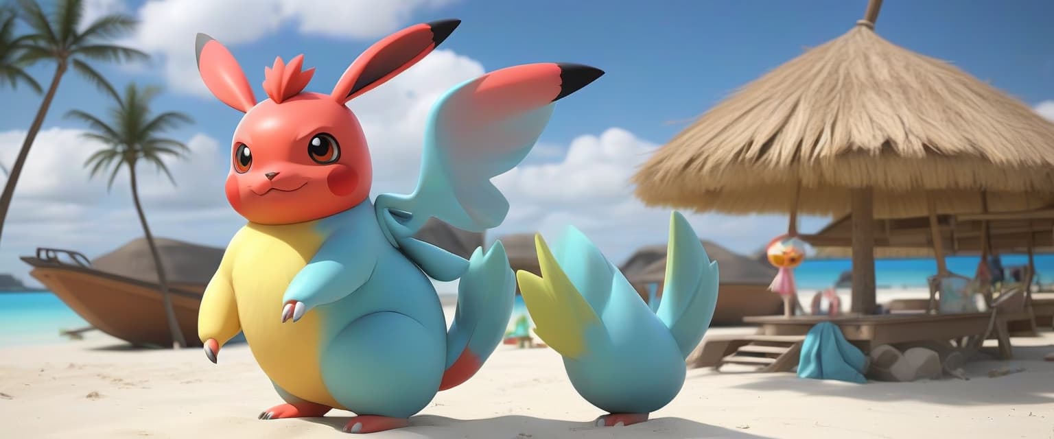  pokémon style good morning on bora bora beach. . vibrant, cute, anime, fantasy, reminiscent of pokémon series