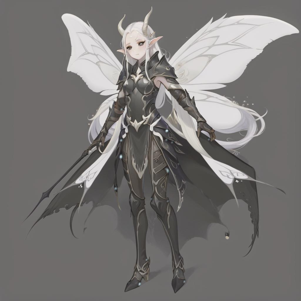  dnd, young , black horns on the head, white skin, white hair, long hair in the tail, white eyelashes, black eye white, white iris, pointed elven ears, white wings of a moth, black leather armor, pearl on the , hkmagic