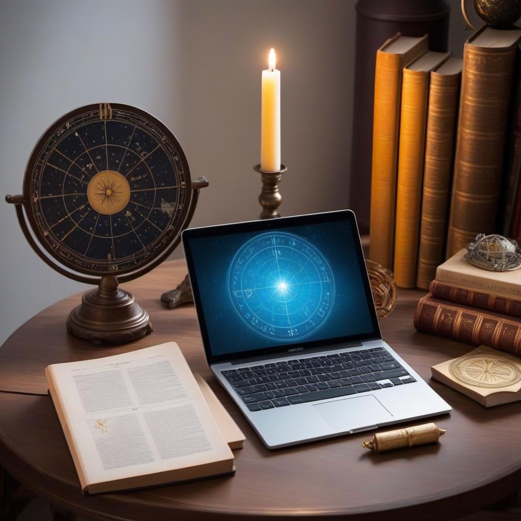  Astrology lessons via Skype. An astrolabe on the table and books.