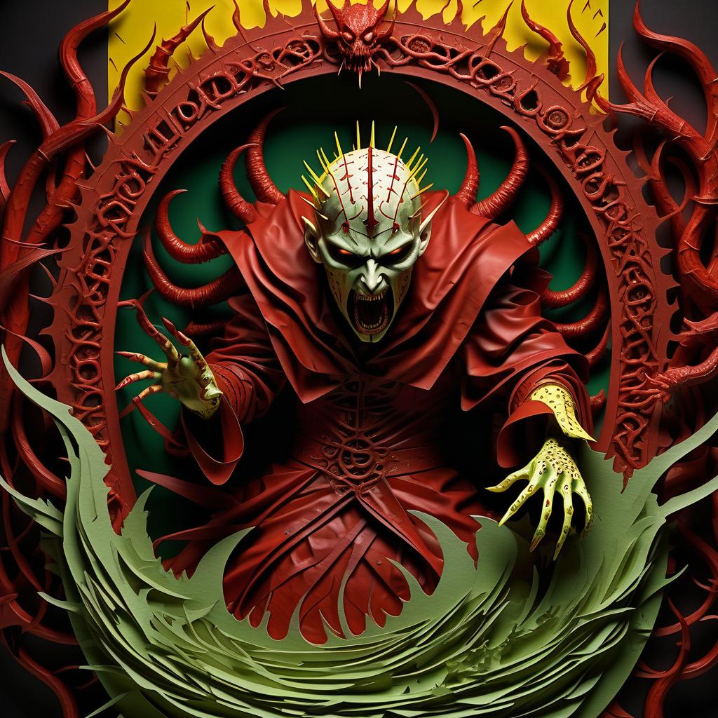  stacked papercut art of demon hellraiser bloodsucker pretends to be a saint wrapped in a red blanket of wounds strewn with spines of blades mucus in yellow and green smoke fire and sparks of tentacle ring claws scream and horror . 3d, layered, dimensional, depth, precision cut, stacked layers, papercut, high contrast