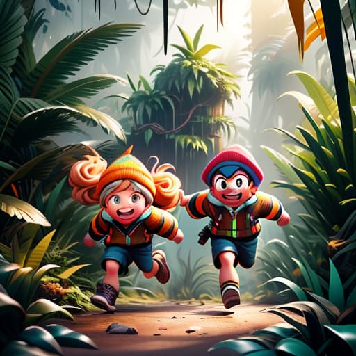  Poster of a CHILDREN'S ANIMATION IN 3D, two guys are running, their faces should be directed towards the viewer, one very skinny and tall, the other very fat and short. Each of them has a lot of scratches and bruises. A JUNGLE BEHIND THEM as a background, THEY RUN AROUND A RAINBOW AND THERE ARE MANY BEER AND VODKA BOTTLES EVERYWHERE. hyperrealistic, full body, detailed clothing, highly detailed, cinematic lighting, stunningly beautiful, intricate, sharp focus, f/1. 8, 85mm, (centered image composition), (professionally color graded), ((bright soft diffused light)), volumetric fog, trending on instagram, trending on tumblr, HDR 4K, 8K