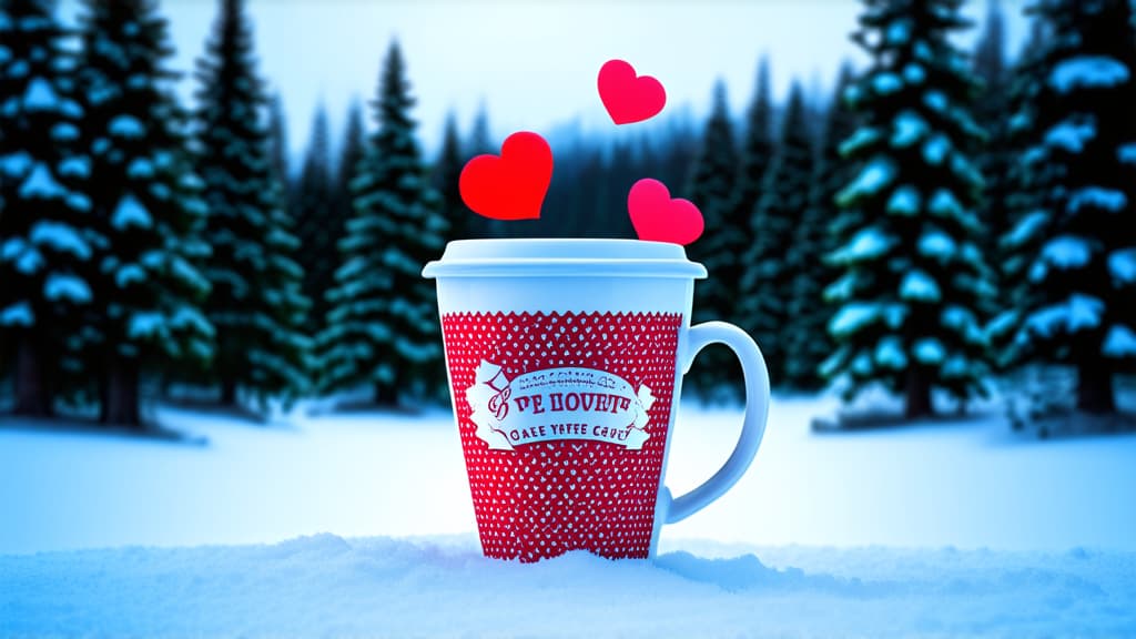  coffee cup with hearts flying out of it standing on snow, snowy forest background, digital art, hyper realistic photography, very beautiful, highly detailed cute, high quality photos, high quality, beautiful wallpaper ar 16:9 {prompt}, maximum details