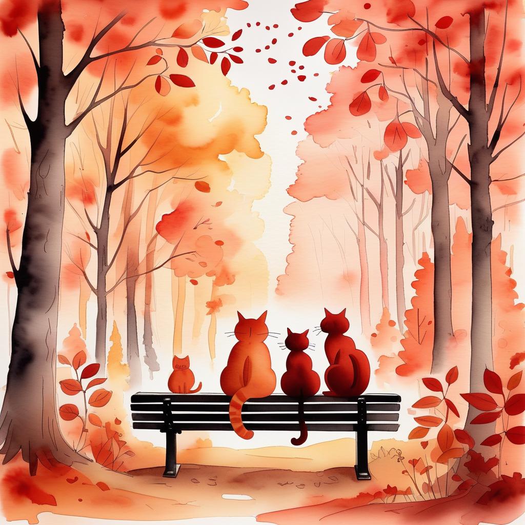  typographic art (painted) (watercolor) cute autumn forest background, autumn forest, soft shades, thin (ink outlines), objects on the edges of the sheet, many details, masterpiece, harmonious composition, autumn evening in a chestnut park, red brown colors, two cats are sitting on a bench, one cat is black and red, the second cat is white and red, the cats touch each other with their noses . stylized, intricate, detailed, artistic, text based