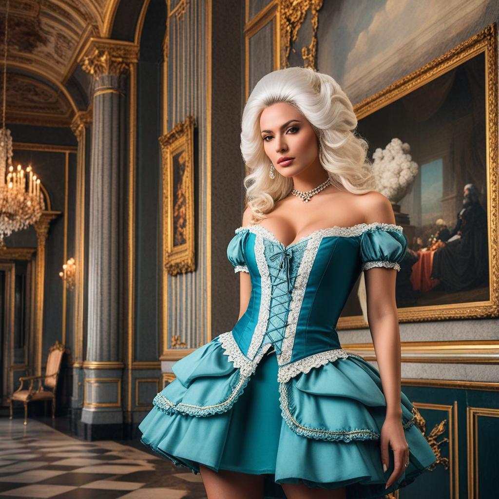  an eccentric portrait of a coquettish woman, modishly dressed in rococo inspired clothing, complete with white powdered wig, set in a surreal, futuristic versailles hall. shot with a canon eos 1d x mark iii and a 24 105mm f/1.4l lens. hyperrealistic, full body, detailed clothing, highly detailed, cinematic lighting, stunningly beautiful, intricate, sharp focus, f/1. 8, 85mm, (centered image composition), (professionally color graded), ((bright soft diffused light)), volumetric fog, trending on instagram, trending on tumblr, HDR 4K, 8K