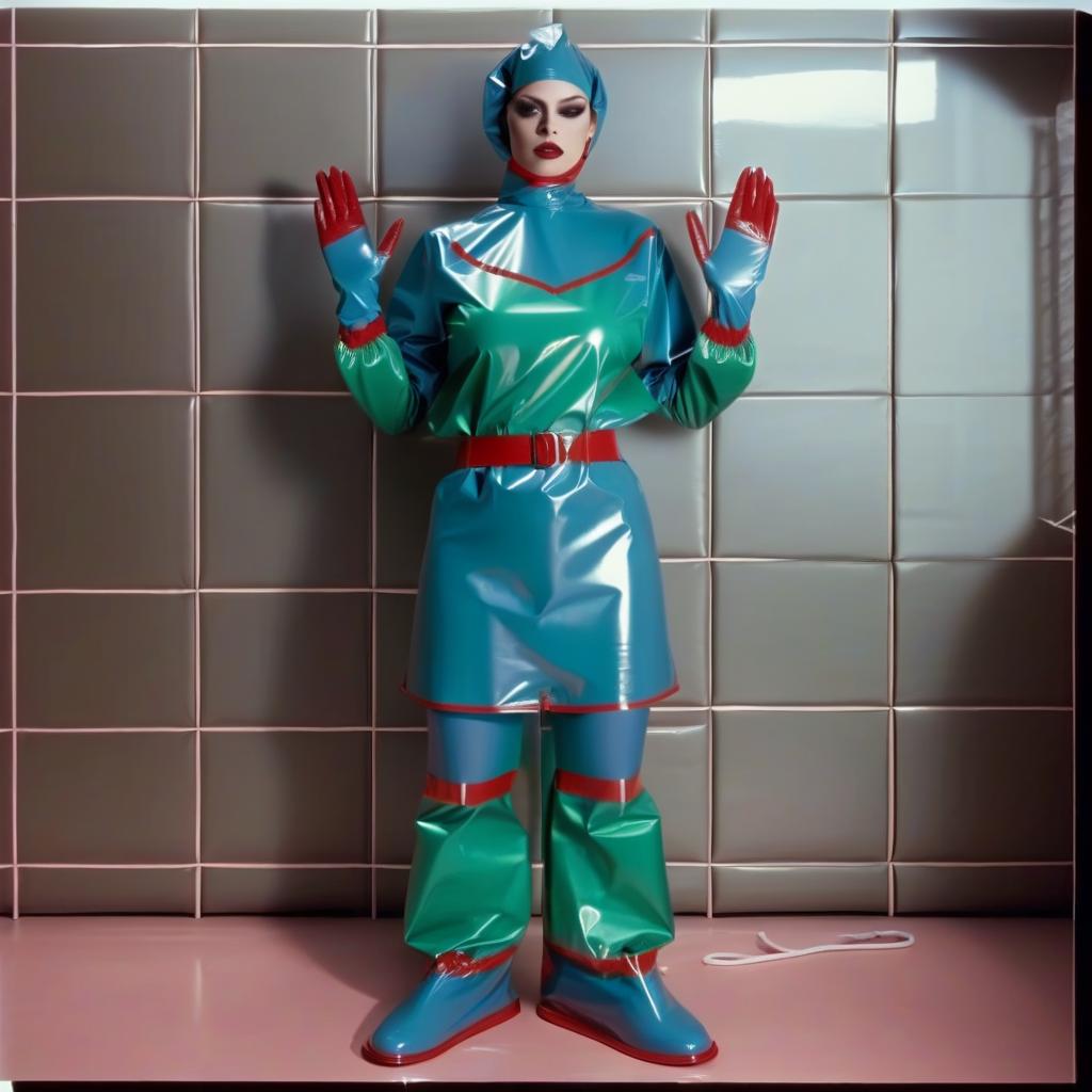  "hyperdetalisation, woman, mistress surgeon, in dressed three color surgical suit, made of glossy latex, standing alone, full length, front view, full face, dressed in, surgical gown, knee length, with elastic waistband, long sleeves, with elastic cuffs, upper part of surgical gown, (from collar to waist), glossy latex dark green, belt at waist, glossy latex red, lower part of surgical gown, (from hem to waist), glossy latex dark blue, in the center of the surgical gown there is an emblem in the form of surgical forceps "burdizzo", upper part of sleeve, (from shoulder to elbow), glossy latex dark blue, lower part of sleeve, (from elbow to cuff), glossy latex dark green, cuffs on sleeve, glossy latex red, (bib with collar), made of glossy d