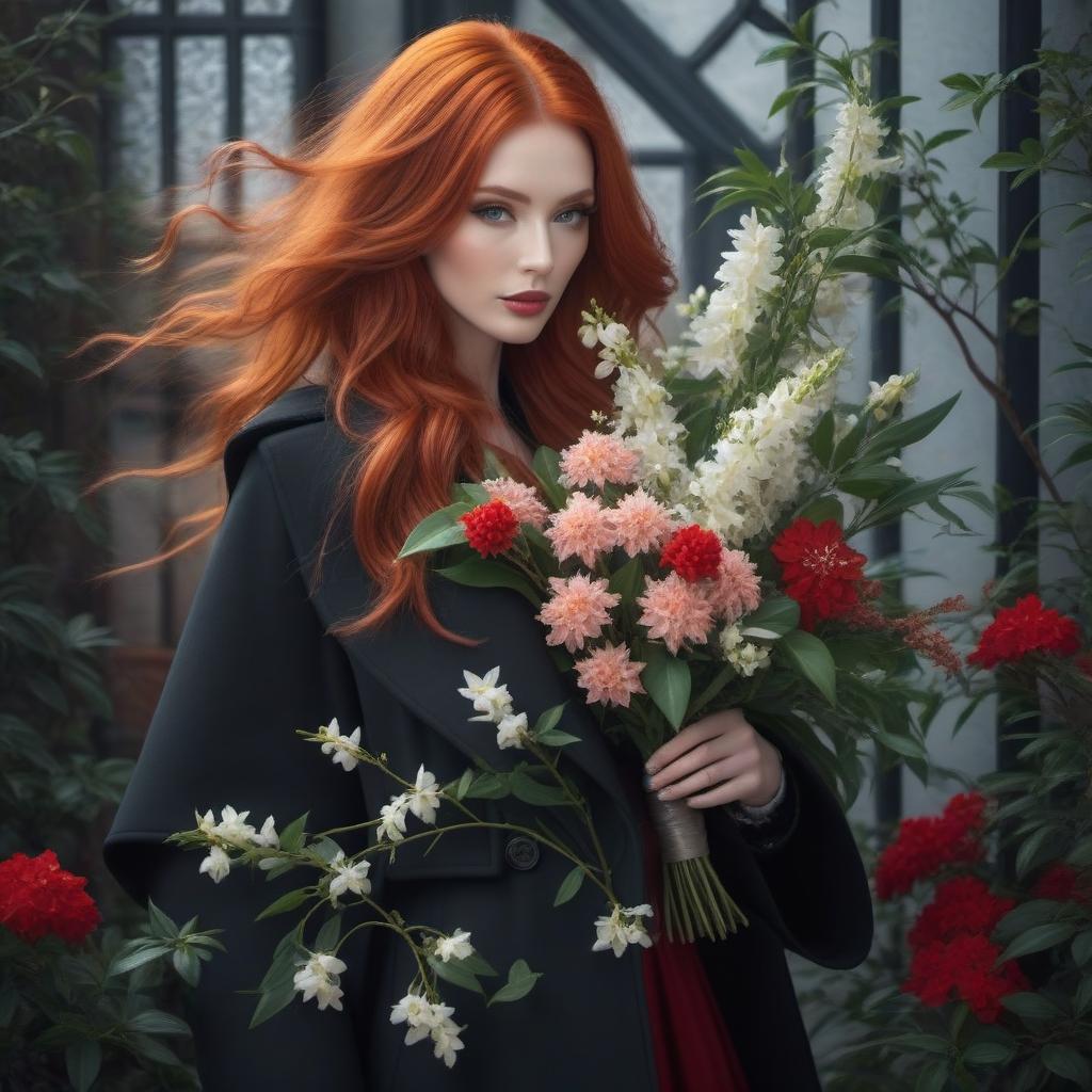  A red-haired woman in a dark coat with a bouquet of jasmine hyperrealistic, full body, detailed clothing, highly detailed, cinematic lighting, stunningly beautiful, intricate, sharp focus, f/1. 8, 85mm, (centered image composition), (professionally color graded), ((bright soft diffused light)), volumetric fog, trending on instagram, trending on tumblr, HDR 4K, 8K