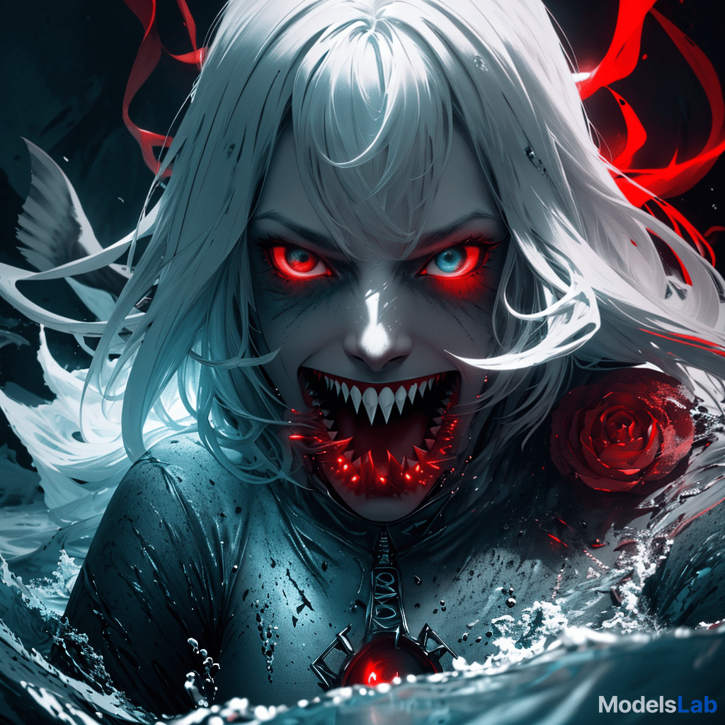  a realistic 8k portrait of a terrifying shark deep in the ocean at night, with its mouth wide open. the shark's eyes and mouth emit an intense red light, illuminating the surrounding dark water. the ocean is dimly lit with deep blue and black tones, creating a menacing atmosphere. the red glow casts shadows around the shark, highlighting its sharp teeth and adding a supernatural, horror like effect. subtle light rays from above barely penetrate the murky water, adding to the eerie, otherworldly feel of the scene. hyperrealistic, full body, detailed clothing, highly detailed, cinematic lighting, stunningly beautiful, intricate, sharp focus, f/1. 8, 85mm, (centered image composition), (professionally color graded), ((bright soft diffused light)), volumetric fog, trending on instagram, trending on tumblr, HDR 4K, 8K