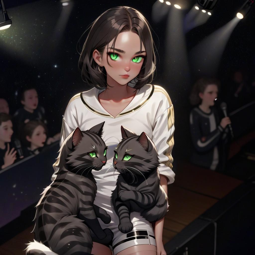  girl with dark green eyes, two furry striped cats, space, spotlights, view from the stage, microphone, music, royal grace, panthers