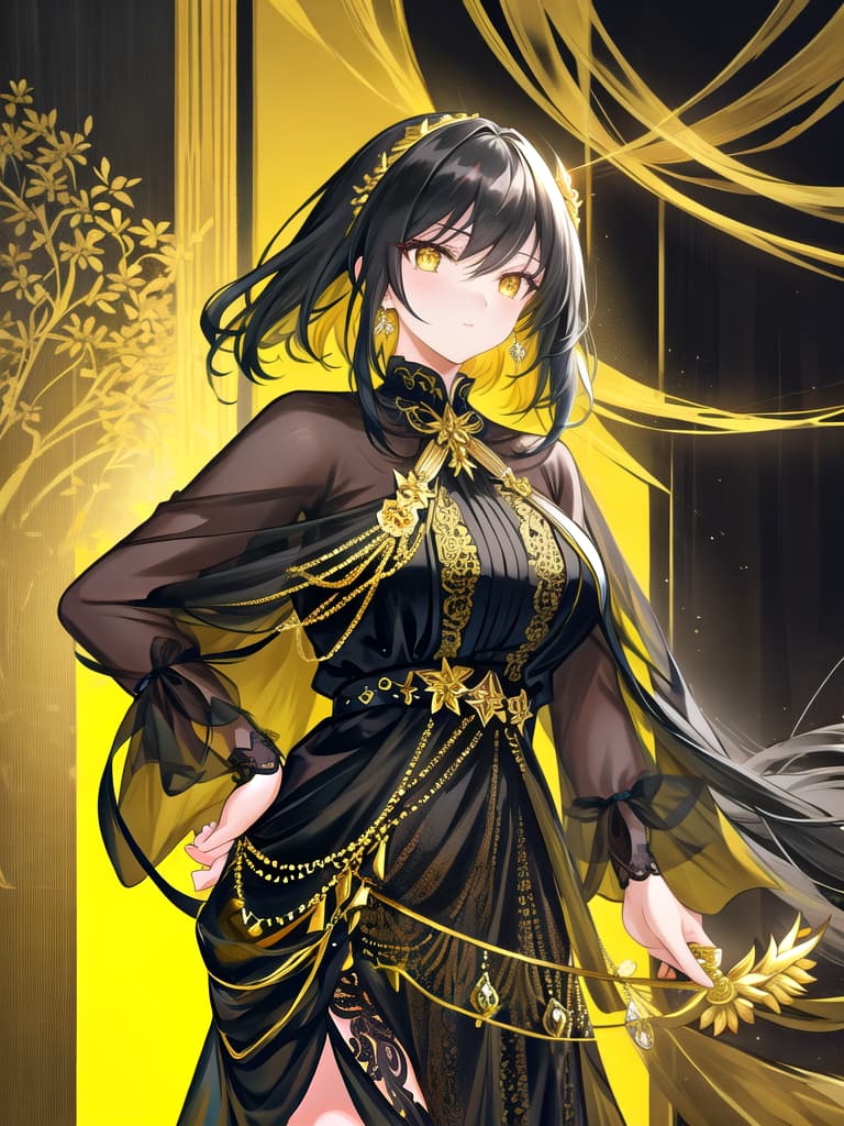  Golden yellow and sleek black color palette, captivating and inviting expression, exuding elegance and charm, magnetic beauty, intricate details, high contrast, luxurious feel, digital art, female, glossy finish, striking composition, dynamic lighting to enhance features.