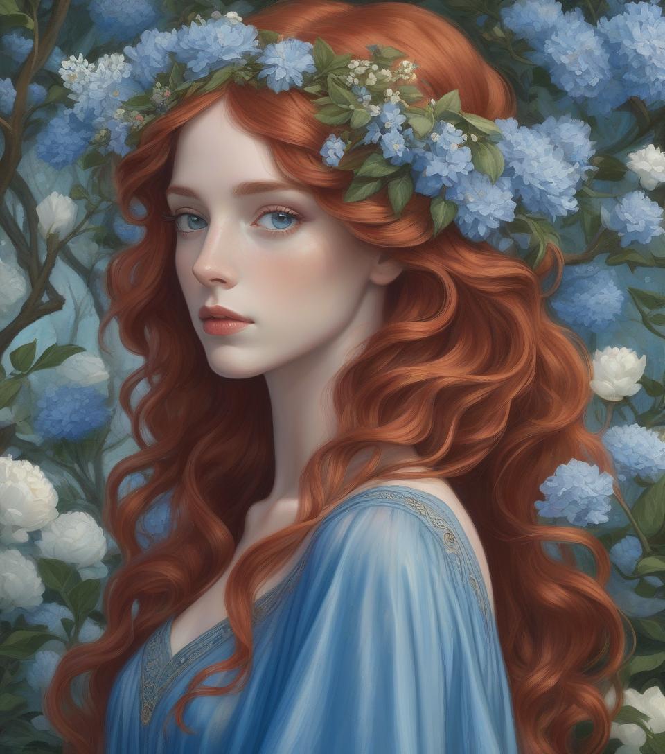  concept art a painting of a woman with flowing red hair, blue attire, and a floral crown standing among blue blossoms. create a portrait of a woman with detailed eyes in the style of the pre raphaelite brotherhood. she has botticelli style wavy, voluminous auburn hair, adorned with small blue flowers. she is dressed in a blue gown with a sheer, diaphanous over dress that flows elegantly, complementing the flowers in her hair. her fair skin, striking green eyes, red cupid's bow lips, and contemplative expression enhance her serene beauty. the pastoral background is romantic and ethereal, with weeping trees, soft hued flowers and clouds, demonstrating a reverence for natural beauty. this artwork blends realism with fantasy, resulting in a cap