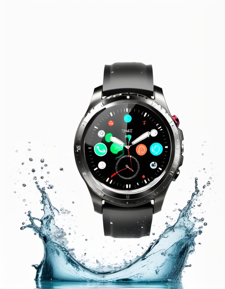  smart watch on a white background, around water splash, film photography style