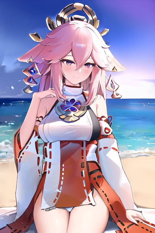  (yae miko:1.3), (masterpiece), (highest quality), (intricate), (high detail),girl at beach, an extremely detailed illustration of a cute beautiful women on the sea beach, detailed water, masterpiece, best quality, high quality, solo