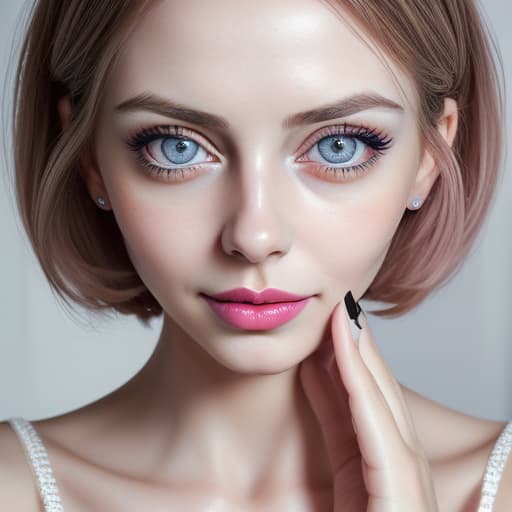  (--Style Photoralism, 16k) woman with a pink lip and a pink manicure, 5 0 0 px models, big eyes, eyes and face, very detailed stunning deep eyes, 2 old female model, nubile body, friendly smile, hot , beautiful feminine face, ! eyes and face!, camisole, aenami alena