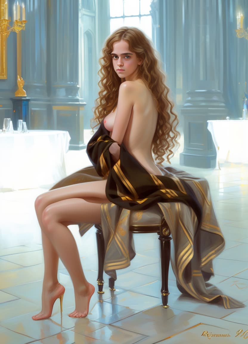  elegant woman (hermione granger), naked, naked and at a chic reception (hogwarts) the works of konstantin razumov, "black outfit", "shebby chic", "fan art", klimt and much, the works of serzh marshennikov keep the face the same, simply increase the size of the image.