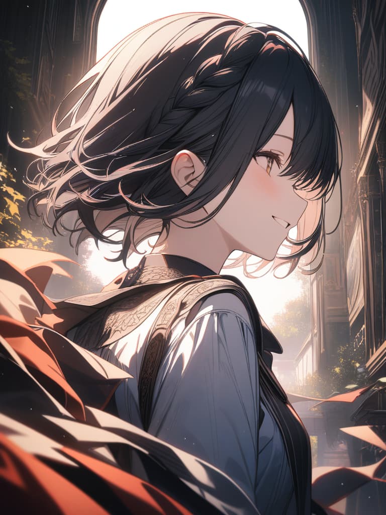  black hair, hair tip blue, short hair, short hair, braided ears, smiles, bad, devil, masterpiece, best quality,8k,ultra detailed,high resolution,an extremely delicate and beautiful,hyper detail