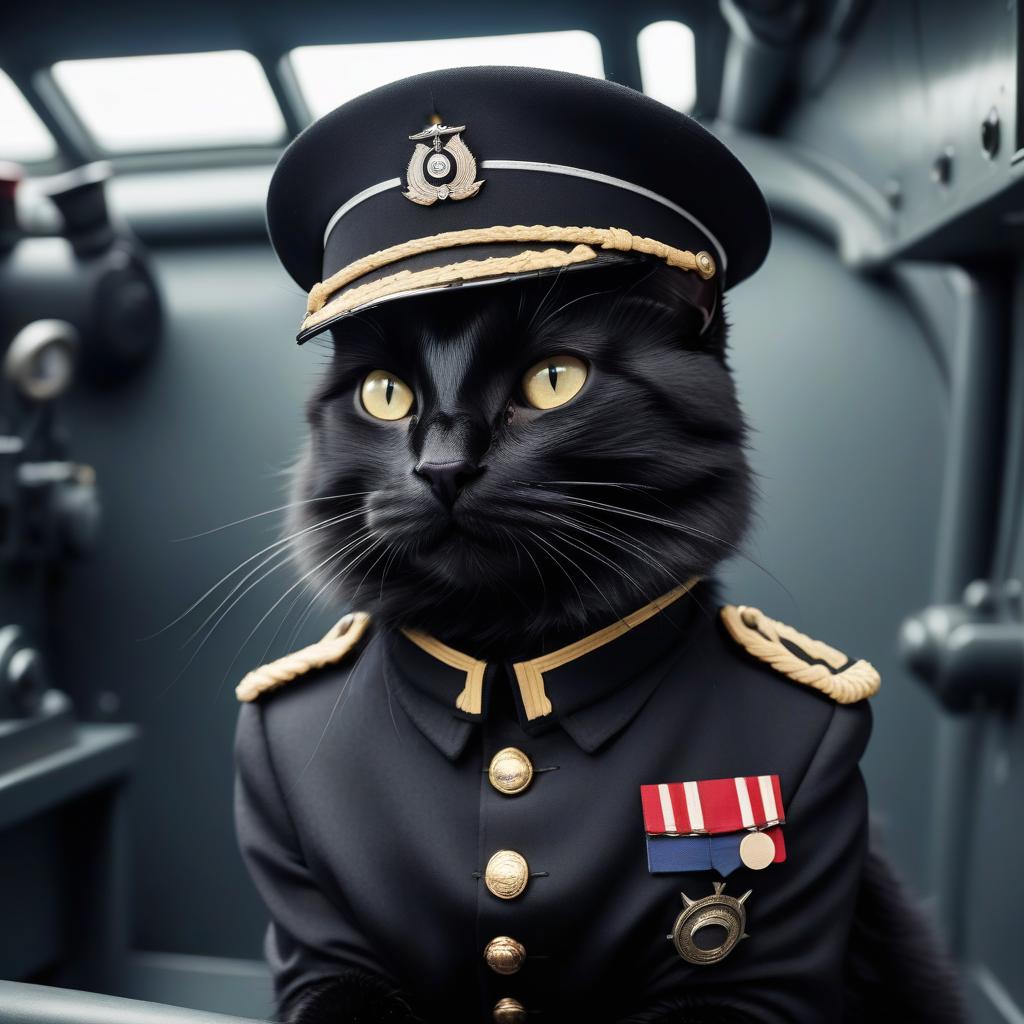  a furry black cat in the style of a german captain from the second world war, in a submarine