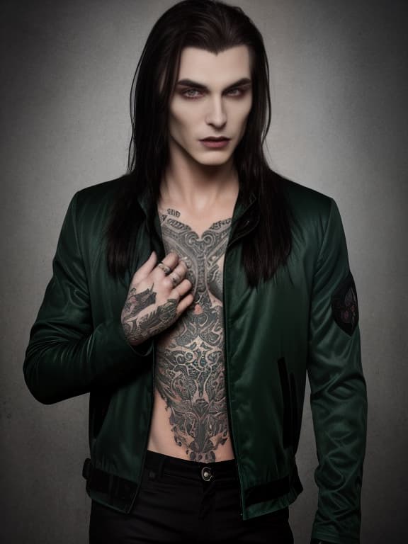  mysterious handsome vampire brunette green eyes black jacket tattoo