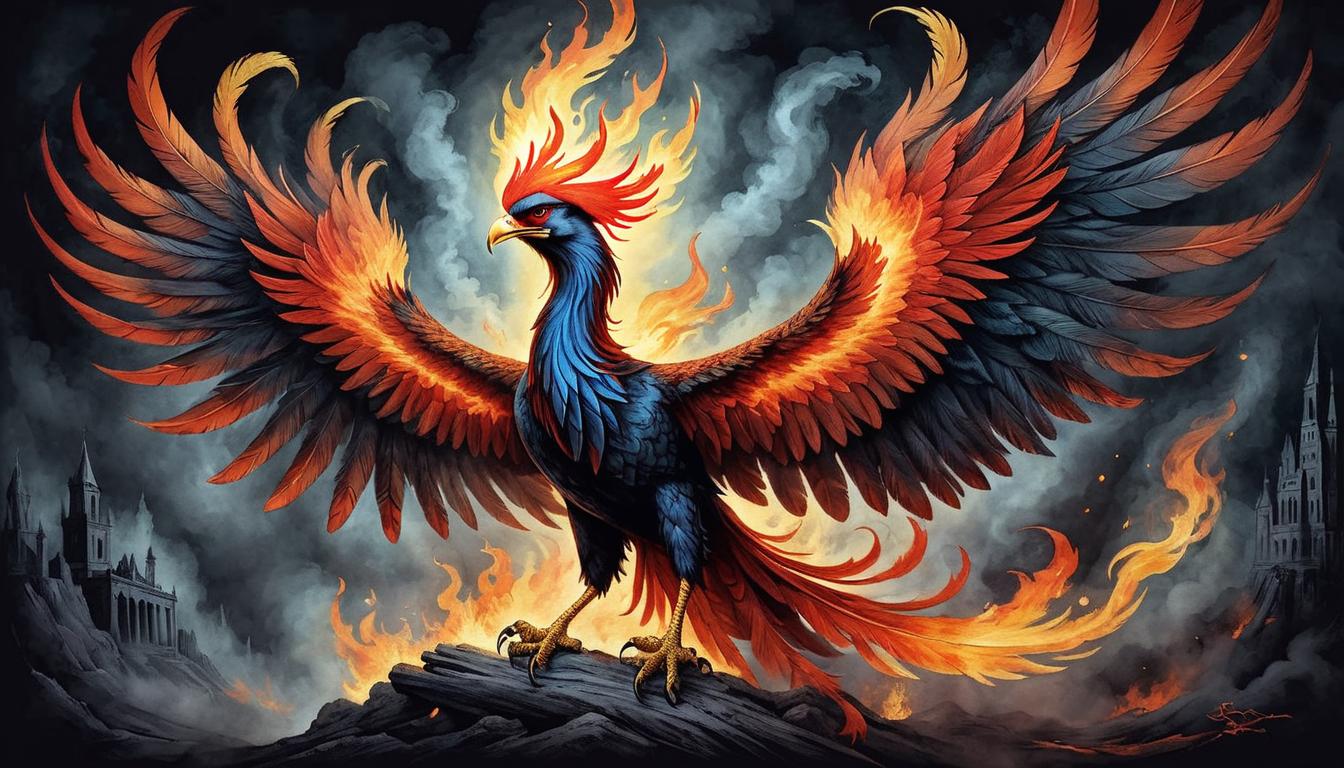  on parchment, surrealism+++, phoenix rising from ashes, fiery feathers, dark background, sense of rebirth(mysterious, provocative, symbolic,muted color)+++