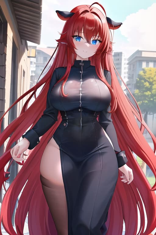  no no no clothes,masterpiece, best quality, 1women, long red hair, looking at viewer, :3, cute, black uniform, outdoors, streets, cow shot, curvy, (((blue eyes))), rias gremory, red hair, antenna hair, wavy hair, ((beautiful detailed eyes, beautiful detailed glow, lots of glow)), anime screencap