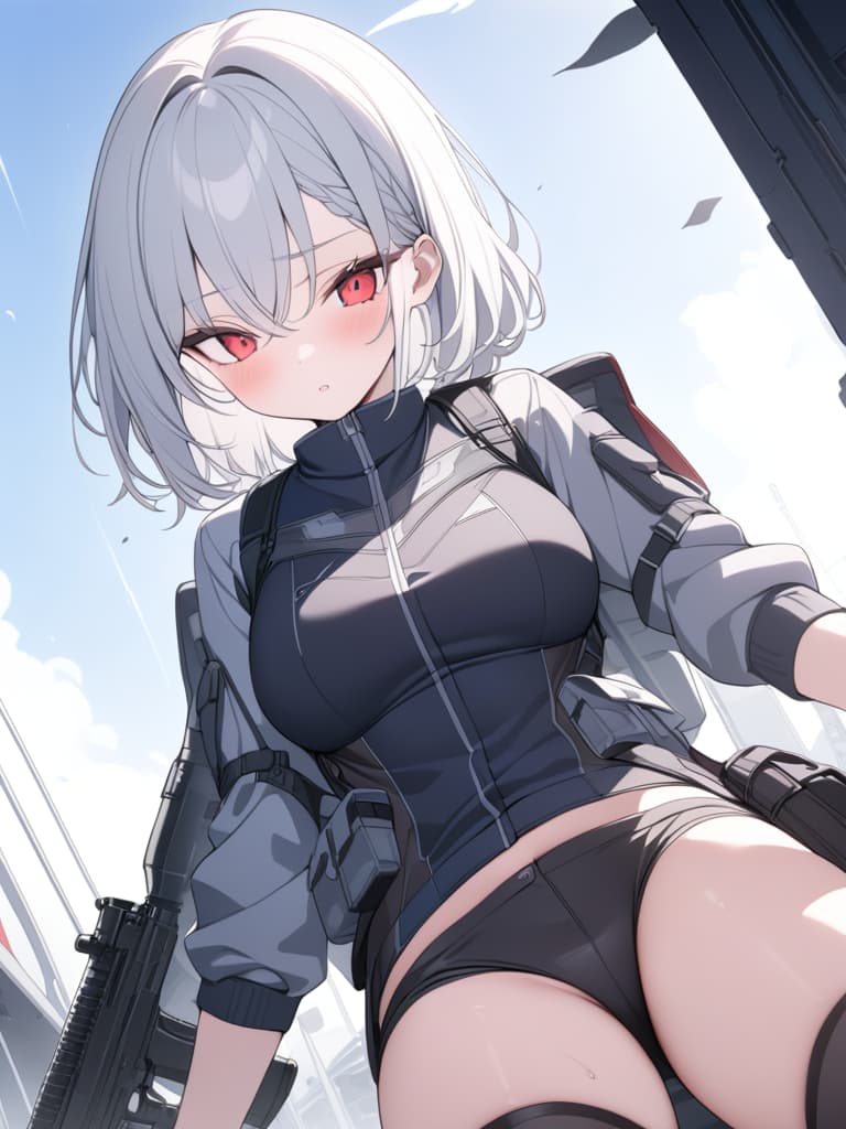  boys, short bobs, combat uniforms, white hair, black mesh, red eyes, shorts, energy, guns, masterpiece, best quality,8k,ultra detailed,high resolution,an extremely delicate and beautiful,hyper detail