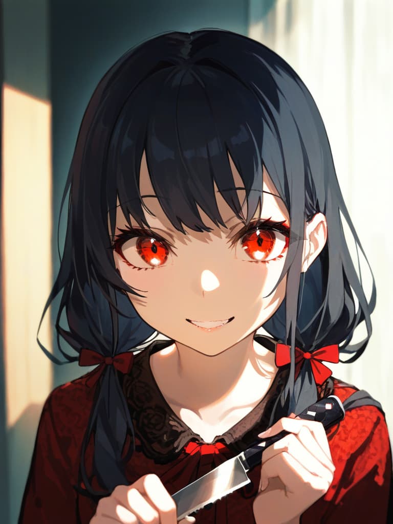  ((red eyes,black hair,yandere,cute,beautiful girl,creepy smile,scary,holding a knife,long hair,darkness,dark room,))、ultra detailed,best shadow,cute and beautiful face,(masterpiece:1.2),(best quality:1.2),detailed background,high contrast,(best illumination,an extremely delicate and beautiful),((cinematic light)),hyper detail,dramatic light,intricate details,8k,anime,very aesthetic