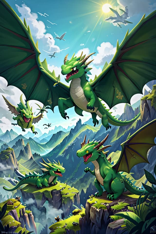  some two diferent green dragons on flight with big wings on the mountains with sun and nature and with horns and look scary but friendly, hq, hightly detailed, 4k