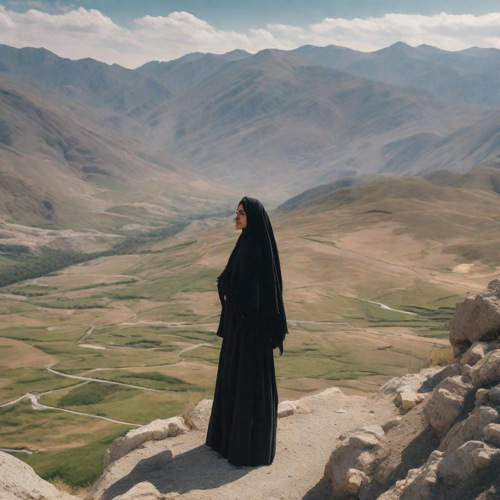  masterpiece, best quality, A Persian women with long black hair stands alone on a remote mountain in Iran, surrounded by rugged, natural beauty. she wears a loose black hijab, pushed back to reveal her hair, she is wearing a torn-up jeans, with many holes, and her loose top, ripped and worn, barely covers her. The scene is intimate and raw, set against the backdrop of the harsh, mountainous landscape, symbolizing love, resilience, and the breaking of boundaries in a quiet, isolated world."