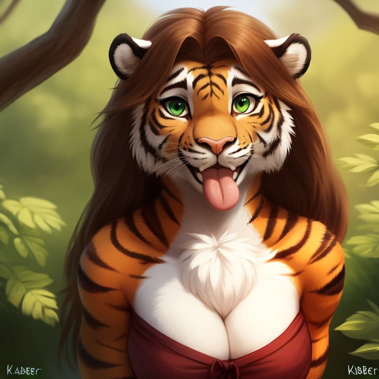  (by kabier:1.4), felid mammal pantherine tiger blep blush brown_hair chest_tuft clothing female front_view fur green_eyes hair long_hair looking_at_viewer multicolored_body multicolored_fur orange_body orange_fur outside smile solo striped_body striped_fur stripes tongue tongue_out tuft white_body white_fur, open eyes, masterpiece, 4k, fine details,