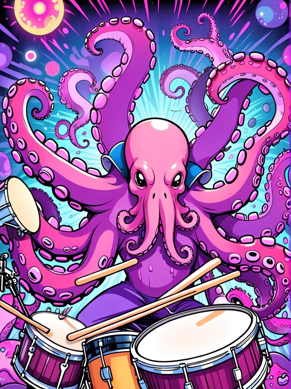  manga artwork octopus playing the drums high on lsd alone. manga artist. manga, highly emotional. best quality, high resolution