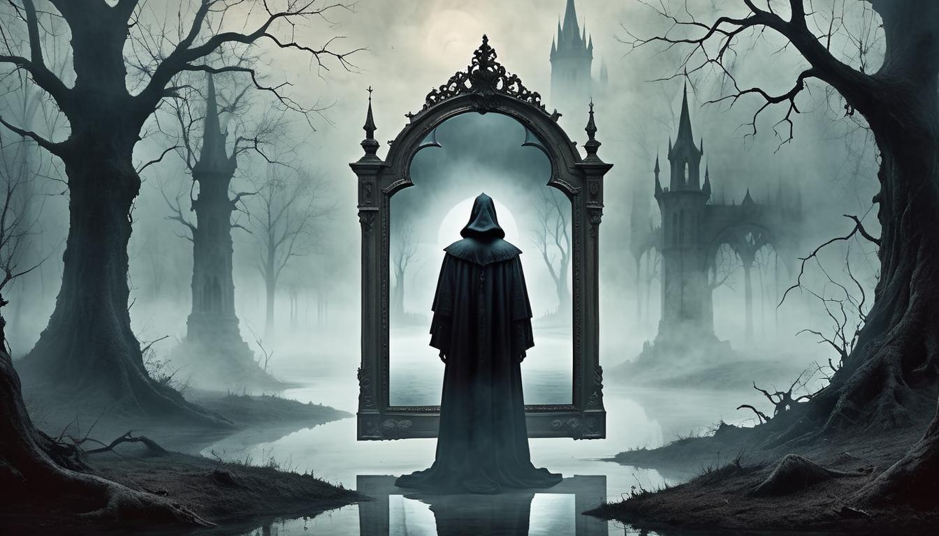  on parchment, surrealism+++, fog shrouded mirror reflecting a distorted, shadowy figure, warped perceptions, eerie atmosphere, gothic style(mysterious, provocative, symbolic,muted color)+++