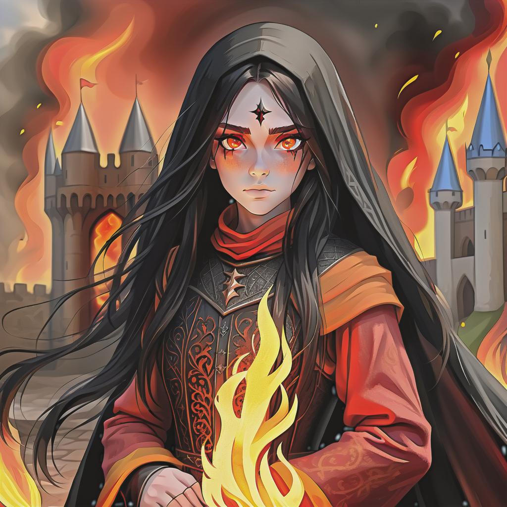  hyperrealistic art covered with fire, bright red skin, black long hair, orange eyes, medieval clothes . extremely high resolution details, photographic, realism pushed to extreme, fine texture, incredibly lifelike