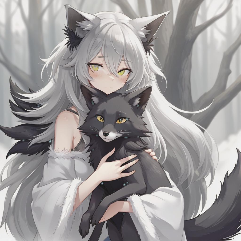  concept art female neko, gray haired, long hair, white eyes with feathers in her ears, hugging a black fox with white eyes . digital artwork, illustrative, painterly, matte painting, highly detailed