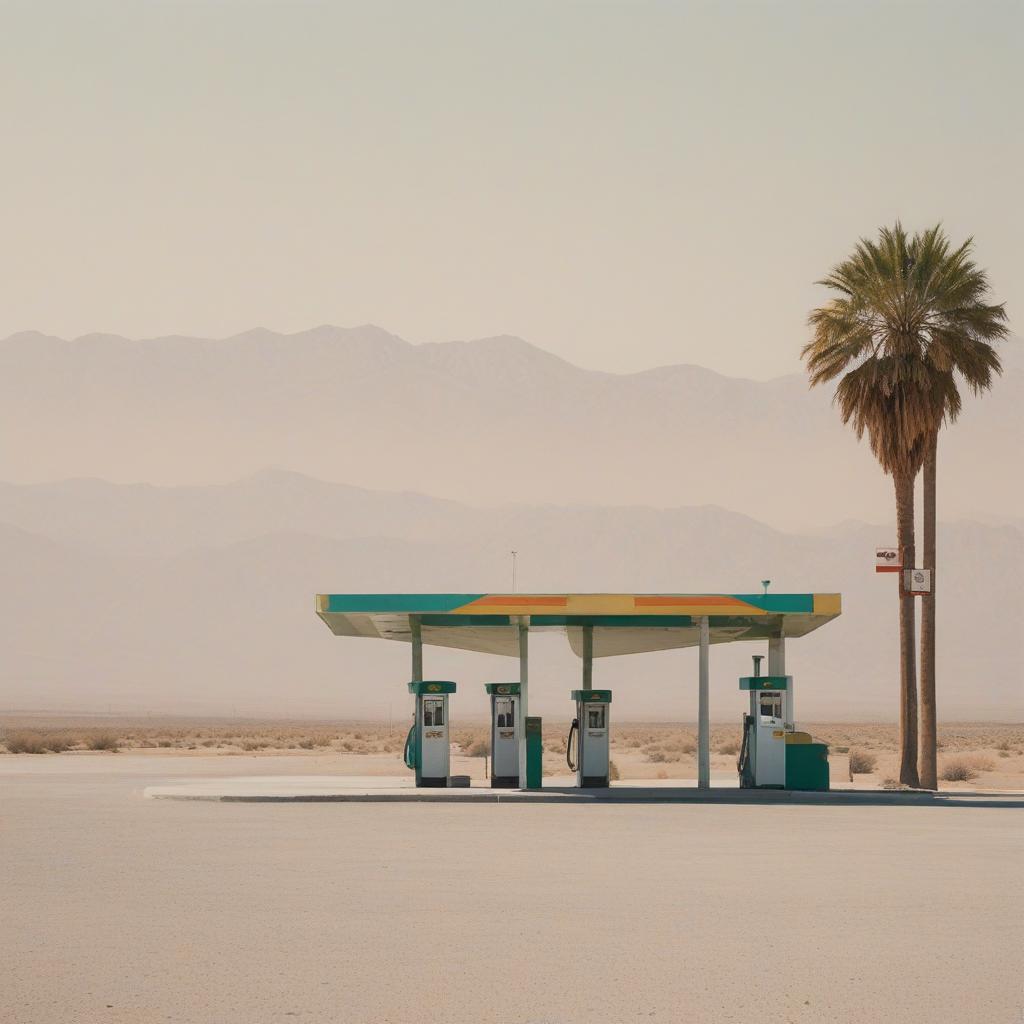  minimalism, nameless empty gas station in la desert giclee print, abstract, simple geometic shapes, hard edges, sleek contours, minimalism