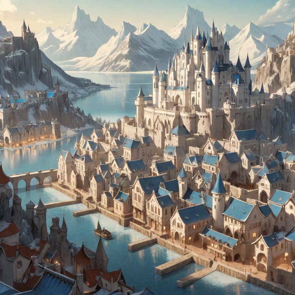  manga artwork city with white houses and blue roofs, it has a big castle in a terrace and a great lake in the background, with icy moutains. anime rpg style . manga artist. manga, highly emotional. best quality, high resolution