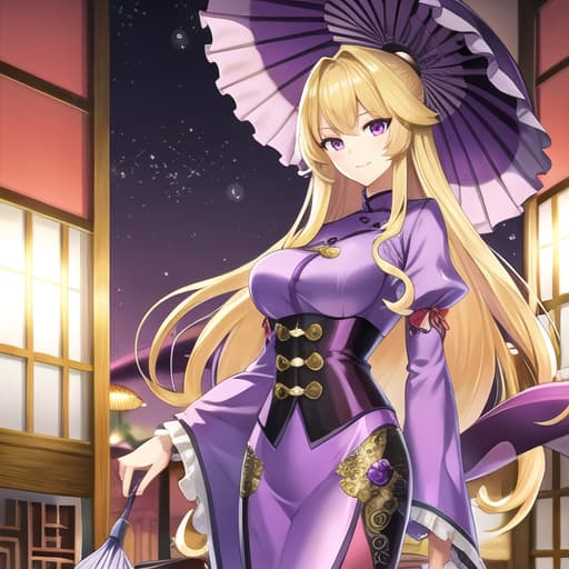  master piece , best quality,yakumo murasaki, tall, sharp eyes, purple eyes, blond hair, night cap, parasol, purple clothes, chinese clothes.