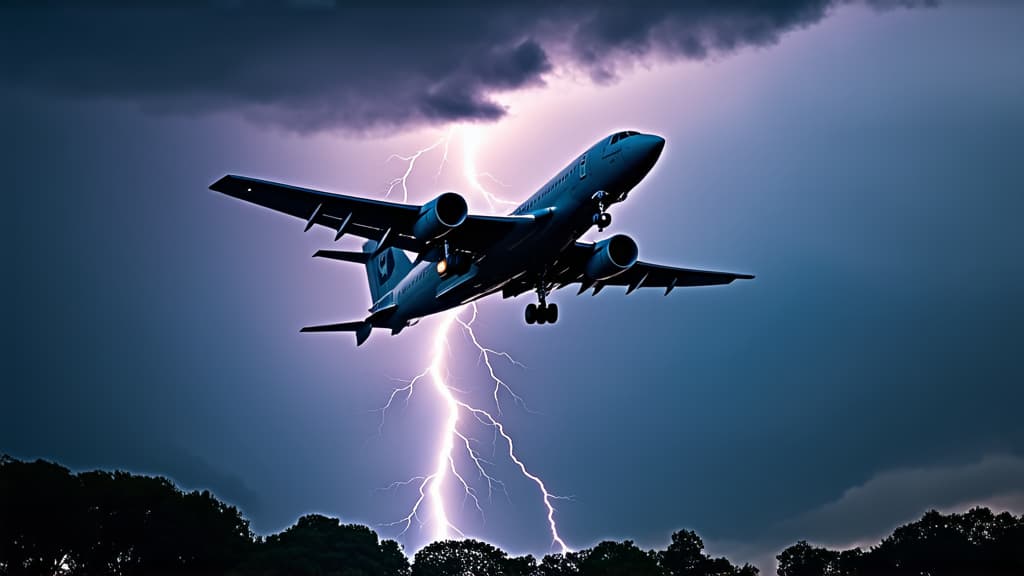  cinematic film style, an airplane flies into a thunderstorm in the night sky, with lightning in the background ar 16:9, shallow depth of field, vignette, maximum details, high budget hollywood movie, bokeh, cinemascope, moody, epic, gorgeous, sun rays and shadows on furniture and surfaces, flattering light, raw photo, photography, photorealistic, 8k resolution, f1.4, sharpened focus, sharp focus